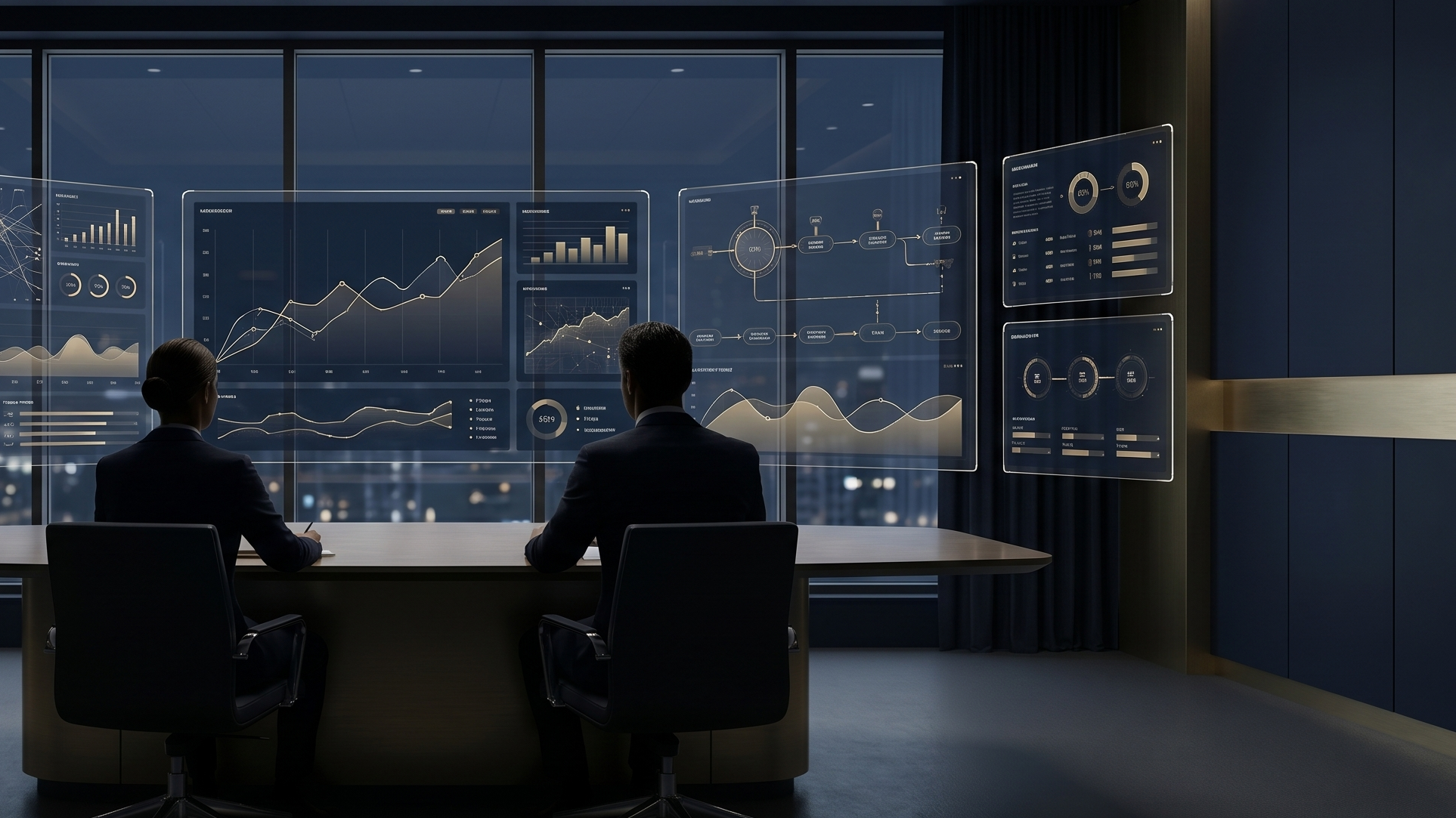 Hybrid operating room with human leadership at a conference table and AI staff presence markers around them